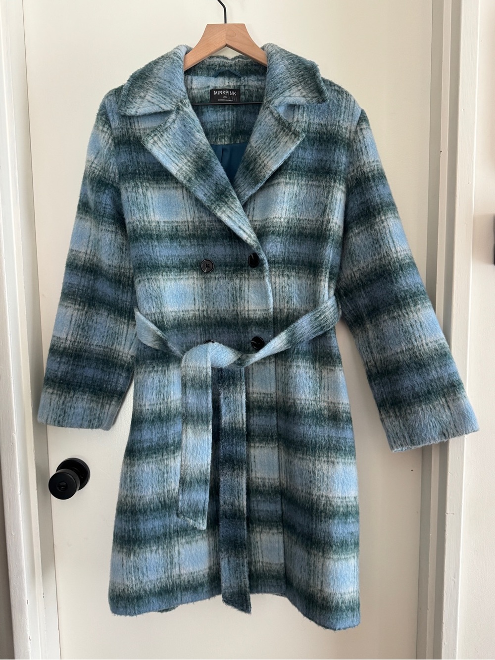 MINKPINK Sloane coat blues & greens plaid - L